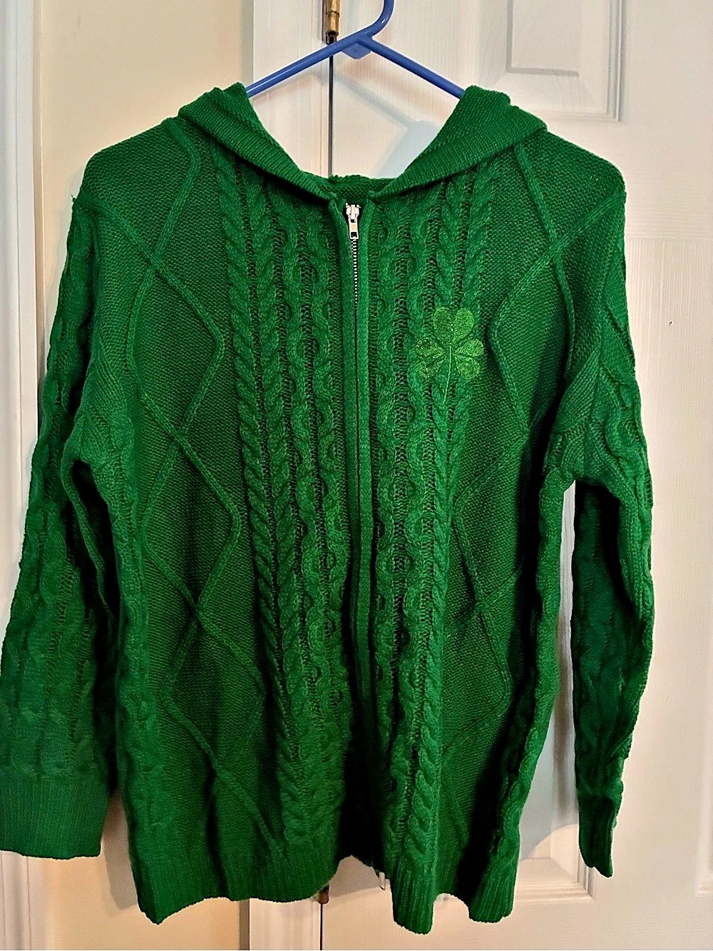 Cable Knit Hooded Sweater in Green Size Small full zipper